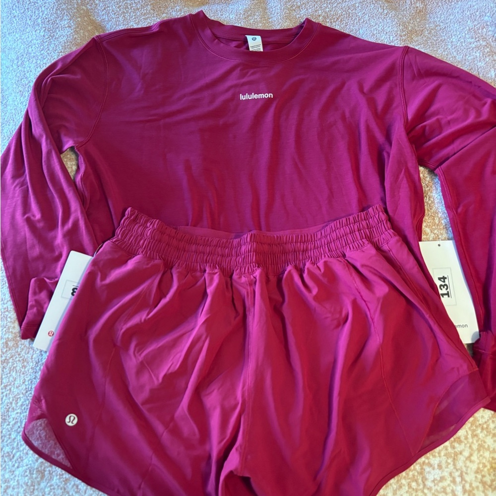 NWT Lululemon Matching Set Long Sleeve Top + Athletic Shorts Magenta Pink